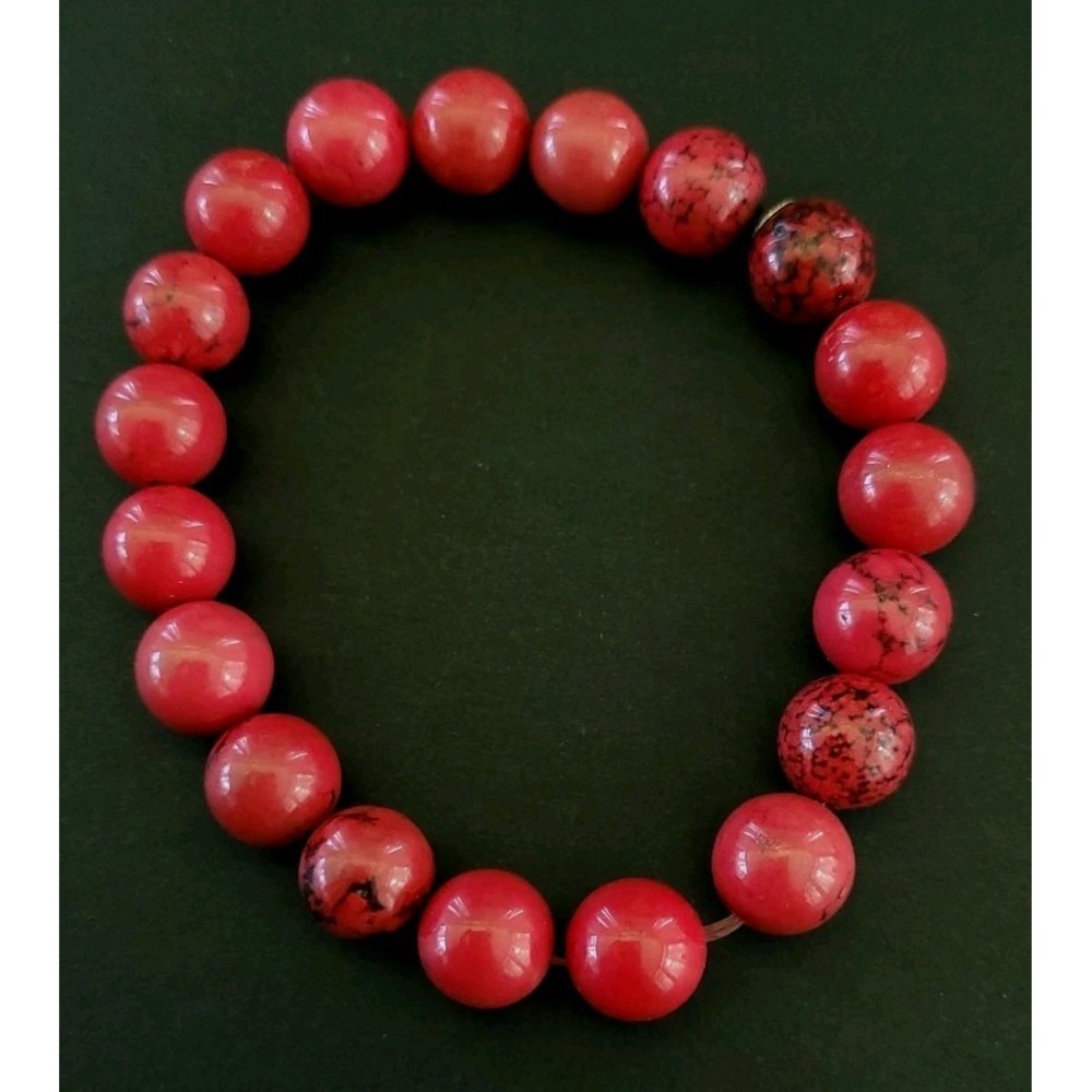 Red Howlite Magnesite Stone Bead Stretch Bracelet Black Matrix Boho